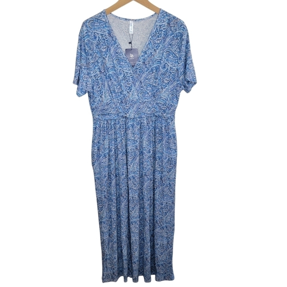 NWT Lilbetter Blue Paisley Short Sleeve Maxi Dress Crossover Bust Size 2XL